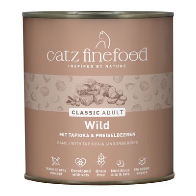 catz finefood Classic Adult Game with Tapioca & Cranberries, grain-free, no added sugar, developed with veterinarians, nutrient-rich oils and fats, Natural Prey Concept.