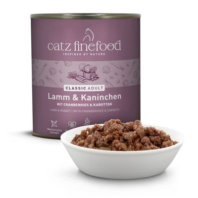 catz finefood Classic Adult Lamb & Rabbit with Cranberries & Carrots, grain-free, no added sugar, developed with veterinarians, nutrient-rich oils and fats.