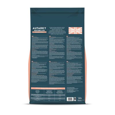 Back of Autarky Mature Lite pet food bag showing feeding guidelines, nutritional information, ingredients list, and a label stating 'Made in the UK'.