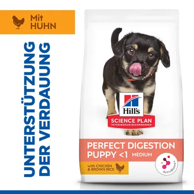 Hill's Science Plan Perfect Digestion Puppy <1 Medium s piščancem in rjavim rižem. Podpora prebavi. ActivBiome+ tehnologija.