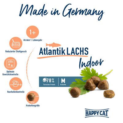 Happy Cat Atlantik Lachs Indoor, ab dem 1. Lebensjahr, reduziert Stuhlgeruch, optimale Gewichtskontrolle, Haarballenkontrolle, Kroketten M mit 78% tierischem Protein, Made in Germany.