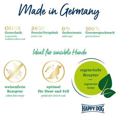 Made in Germany. Ohne Gentechnik, 24/10 Protein/Fettgehalt, 0% Zuckerzusatz, 100% Gourmetgeschmack. Ideal für sensible Hunde: weizenfreie Rezeptur, optimal für Haut und Fell, vegetarische Rezeptur.