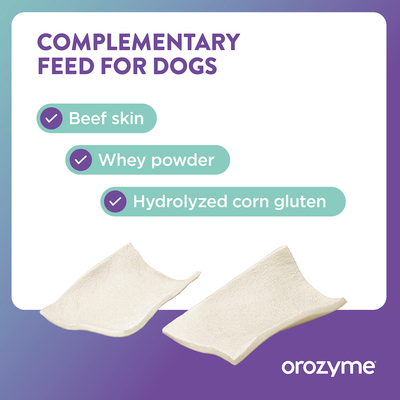 Complementary feed for dogs with beef hide, whey powder and hydrolysed maize gluten. Brand: orozymes.