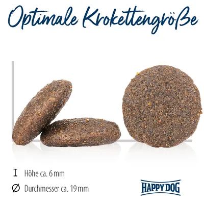 Optimale Krokettengrösse. Höhe ca. 6 mm, Durchmesser ca. 19 mm. Happy Dog Logo sichtbar.