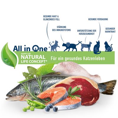 Happy Cat Natural Life Concept. All in One: Gesunde Haut, glänzendes Fell, Immunsystem, Herzgesundheit, Verdauung, gesunder Harntrakt. Zutaten: Fisch, Fleisch, Gemüse.
