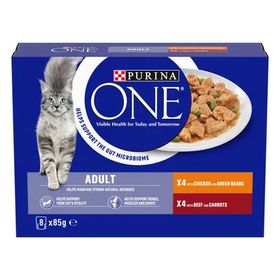 Purina ONE Adult food, 8 x 85g pouches. Contains 4 with chicken and green beans, 4 with beef and carrots. Supports gut microbiome, natural defences, vitality, bones, muscles and joints.