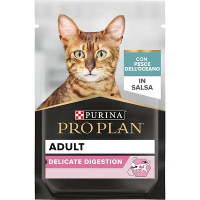 Purina Pro Plan Adult Delicate Digestion con pesce dell’oceano in salsa, bustina per gatti. Testo visibile: ADULT, DELICATE DIGESTION, CON PESCE DELL’OCEANO IN SALSA.