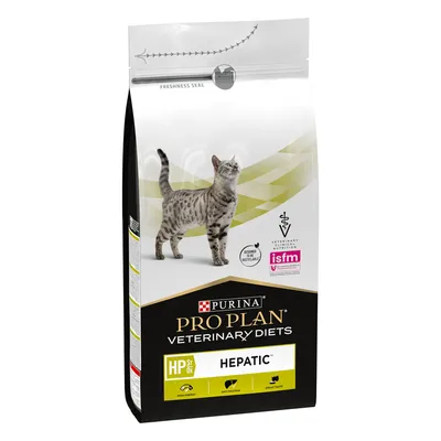 Purina Pro Plan Veterinary Diets Hepatic dry food packaging showing high energy, opti protein, great taste icons and ISFM certification badge.