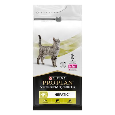 Purina Pro Plan Veterinary Diets Hepatic dry food with high energy, opti protein and great taste icons shown on packaging.