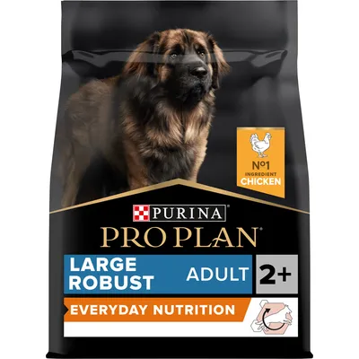 Συσκευασία Purina Pro Plan Large Robust Adult 2+ Everyday Nutrition. Εμφανίζεται το κείμενο: No1 ingredient chicken, LARGE ROBUST ADULT 2+, EVERYDAY NUTRITION.