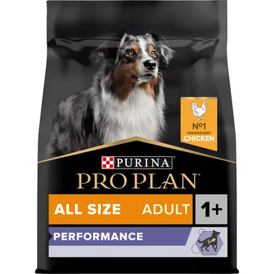 Purina Pro Plan All Size Adult 1+ Performance hundfoder, No1 ingredient chicken, bild på hund på förpackningen.