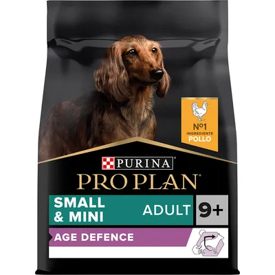 Saco de pienso Purina Pro Plan Small & Mini Adult 9+ Age Defence, ingrediente principal pollo, para perros pequeños y mini adultos mayores de 9 años. Imagen de perro en el envase. Saco de pienso Purina Pro Plan Small & Mini Adult 9+ Age Defence, ingrediente principal pollo, para perros pequeños y mini adultos mayores de 9 años. Imagen de perro en el envase.