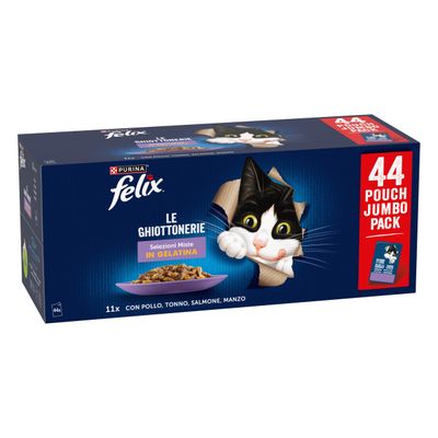 Boîte Felix So Gut Wie Es Aussieht Aussi Bon Que Beau, 44 sachets jumbo pack, sélection de la campagne en gelée : bœuf, poulet, canard, agneau. Texte en allemand et français visible.