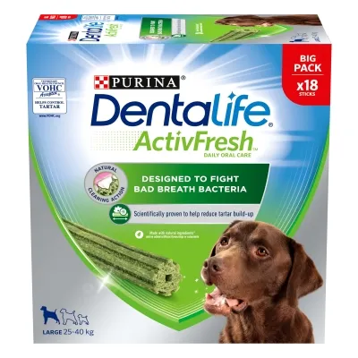 Purina Dentalife ActivFresh Daily Oral Care, big pack with 18 sticks, designed to fight bad breath bacteria, for large dogs 25–40 kg. Dog image and product sticks shown on pack. Purina Dentalife ActivFresh Daily Oral Care, big pack with 18 sticks, designed to fight bad breath bacteria, for large dogs 25–40 kg. Dog image and product sticks shown on pack.