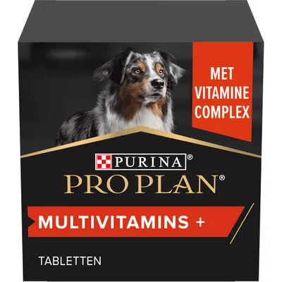 Purina Pro Plan Multivitamins+ tabletten, met vitamine complex. Verpakking toont afbeelding van een hond en productnaam duidelijk zichtbaar.