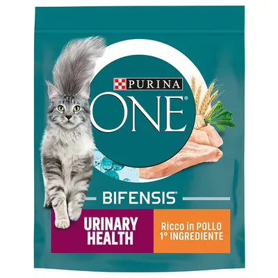 Confezione Purina ONE Bifensis Urinary Health per gatti, visibile scritta 'Ricco in pollo 1° ingrediente', immagine di gatto grigio, carne di pollo e cereali.