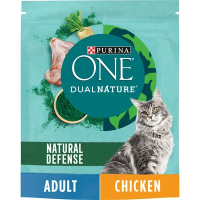 Purina ONE DualNature cat food pouch, visible text: Natural Defense, Adult, Chicken. Image shows a grey cat, raw chicken piece, green powder and root vegetable on turquoise background.