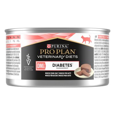 Purina Pro Plan Veterinary Diets DM St/Ox Diabetes Management mousse shown in a tin, labelled for diabetes management and veterinary clinical nutrition.