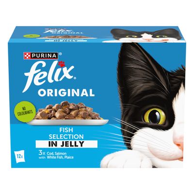 Felix Original fish selection in jelly, 12 pack. Includes cod, salmon, white fish and plaice. No colourants.