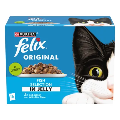 Felix Original fish selection in jelly, 12 pack. Includes cod, salmon, white fish and plaice. No colourants.