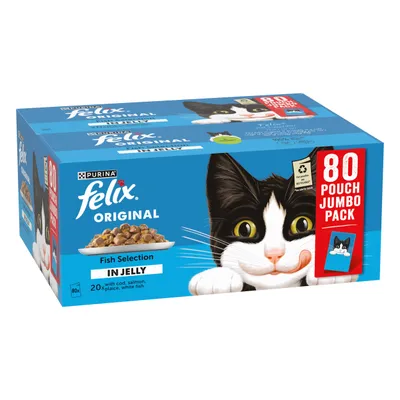 Purina Felix Original Fish Selection in Jelly, 80 Pouch Jumbo Pack. 20x with cod, salmon, plaice, whitefish. Purina Felix Original Fish Selection in Jelly, 80 Pouch Jumbo Pack. 20x with cod, salmon, plaice, whitefish.