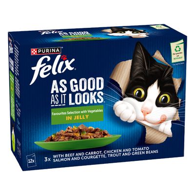 Felix As Good As It Looks Ocean Feasts Selection in Jelly, 12 pouches with cod, plaice, salmon and tuna. Pouches are recyclable.