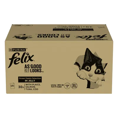 Box showing Felix As Good As It Looks Ocean Feasts Selection in Jelly, 30 packs with plaice, salmon, tuna, cod. 100% complete and balanced, contains vitamins A, D, E.