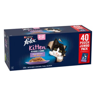Purina Felix Kitten As Good As It Looks, 2–12 months, Mixed Selection in Jelly, 40 Pouch Jumbo Pack, with beef, chicken, tuna, salmon