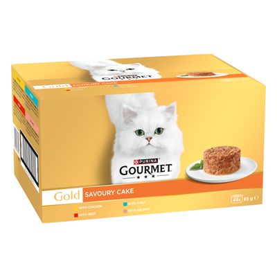 PURINA GOURMET Gold Savoury Cake, 48 x 85 g. Varieties: with chicken, beef, tuna, salmon. Packaging displays portion on plate.