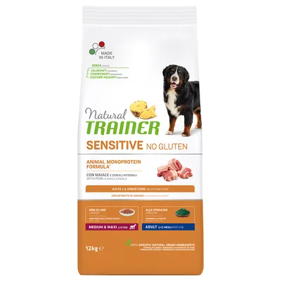 Natural Trainer Sensitive No Gluten hundefoder, Animal Monoprotein Formula med svinekød og fuldkorn, 12 kg. Til medium & maxi hunde over 11 kg, voksen (over 12 mdr.), uden gluten.