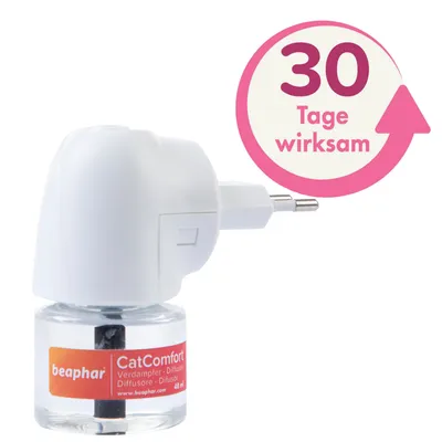 Diffuseur beaphar CatComfort 48 ml, texte visible : « 30 Tage wirksam » (en allemand), flacon transparent avec étiquette rouge et blanche.