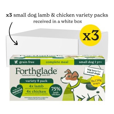 Three small dog lamb and chicken variety packs, each with 8 trays, grain free, complete meal, received in a white box. Contains 4 lamb and 4 chicken with butternut squash and vegetables.