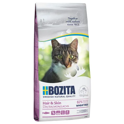 Bozita Hair & Skin Katzenfutter mit Lachs, 82% tierisches Protein, weizenfrei. Schwedische Qualität seit 1903. Verpackung zeigt Katze und Produktdetails.