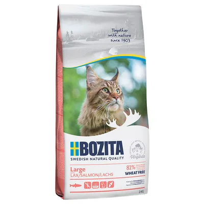 Bozita kattmat Large med lax, 81 % animaliskt protein, vetefri, 2 kg. Swedish Natural Quality, tillverkad i Vårgårda, Sverige. Together with nature since 1903.