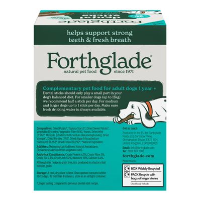 Forthglade dental sticks for adult dogs aged 1 year and over. Feeding guide: up to half a stick daily for dogs under 15kg, up to one stick daily for larger dogs. Ingredients and storage details shown.