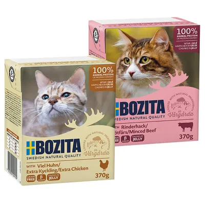 Bozita Tetra falatok aszpikban vagy szószban 24 x 370 g - Vegyes csomag III 12x darált marhahús + 12x csirke aszpikban)