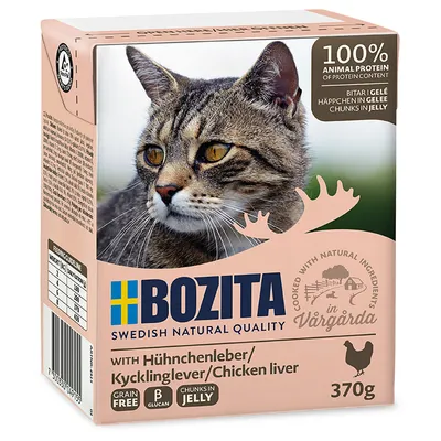 Bozita cat food with chicken liver in jelly, 370g. 100% animal protein, made in Vårgårda, Sweden. Grain-free, natural ingredients, B glucan. Bozita cat food with chicken liver in jelly, 370g. 100% animal protein, made in Vårgårda, Sweden. Grain-free, natural ingredients, B glucan.