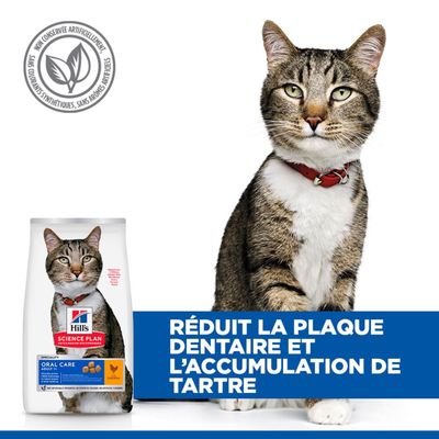 Hill's Science Plan Oral Care Adult nourriture pour chat. Réduit la plaque dentaire et la formation de tartre. Sans conservateurs, colorants ou arômes artificiels.