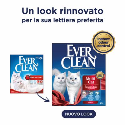 Ever Clean Multi Cat lettiera per gatti con nuovo design della confezione, indicazione del controllo immediato degli odori e contenuto di 10 L.
