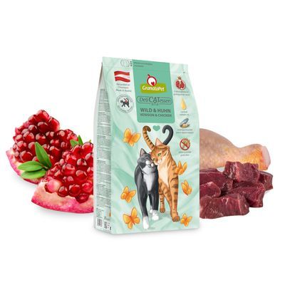 GranataPet DeliCATessen vânat și pui. Produs în Austria, fără teste pe animale, fără cereale, cu semințe de rodie, ulei de somon și midie cu cochilie verde. Ambalaj resigilabil.