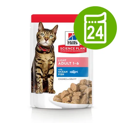 Hill's Science Plan Light Adult 1-6 with Ocean Fish, Chunks & Gravy. Εικόνα συσκευασίας με γάτα και πράσινο σύμβολο με τον αριθμό 24.