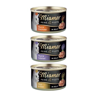 Boîtes de nourriture pour chat Miamor Feine Filets, visible : In Jelly mit Huhn & Reis. Texte en allemand sur pastille orange : Jetzt testen!