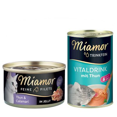 Miamor Kombi-Paket: Feine Filets 12 x 100 g + Trinkfein Vitaldrink 6 x 135 ml Feine Filets Thunfisch & Calamari + Vitaldrink mit Thunfisch