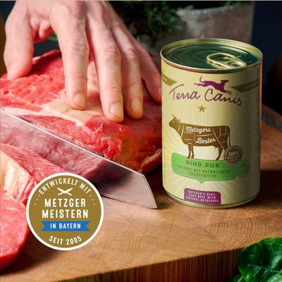 Terra Canis Hausmannskost pre psy, Metzgers Bestes Rind pur, doplnené prírodnými živinami. 100% potravinárska kvalita, 100% prírodné.