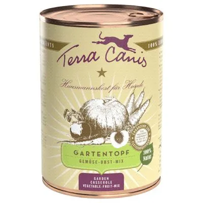 Puszka Terra Canis Gartentopf Gemüse-Obst-Mix, widoczne napisy: 100% natur, garden casserole vegetable-fruit-mix, ilustracja warzyw i owoców na etykiecie.