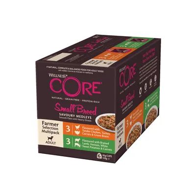 Wellness CORE Small Breed Savoury Medleys Farmer Selection Multipack, 6 x 85g. Includes 3 with chicken, turkey, carrots, green beans and 3 with lamb, venison, sweet potatoes, carrots.