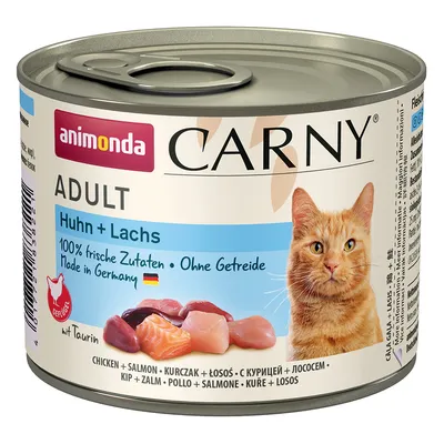 Boîte Animonda Carny Adult Huhn + Lachs, 100 % frische Zutaten, Ohne Getreide, Made in Germany, avec morceaux de poulet et saumon visibles sur l’étiquette.