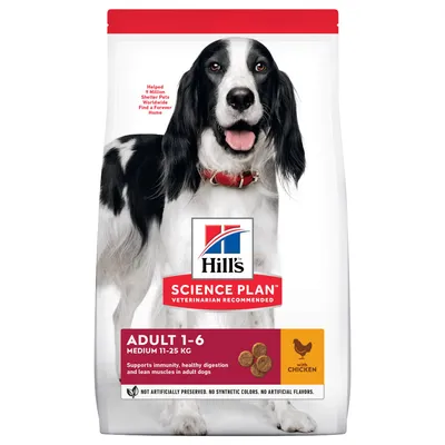 Hill's Science Plan Adult 1-6 Medium 11-25kg con pollo. Supporta immunità, digestione sana e sviluppo muscolare nei cani adulti. Senza conservanti, coloranti o aromi artificiali.