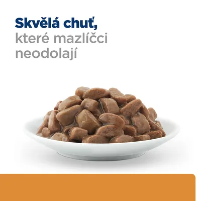 Miska s kúskami vlhkého krmiva pre domáce zvieratá, nad ňou český text: Skvělá chuť, které mazlíčci neodolají.