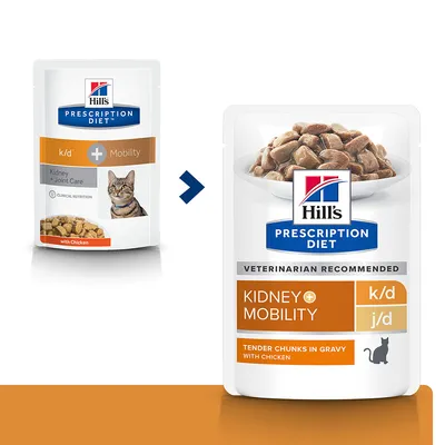 Deux sachets Hill's Prescription Diet pour chats, Kidney + Mobility k/d j/d, morceaux tendres en sauce au poulet. Ancien et nouveau design d'emballage visibles.